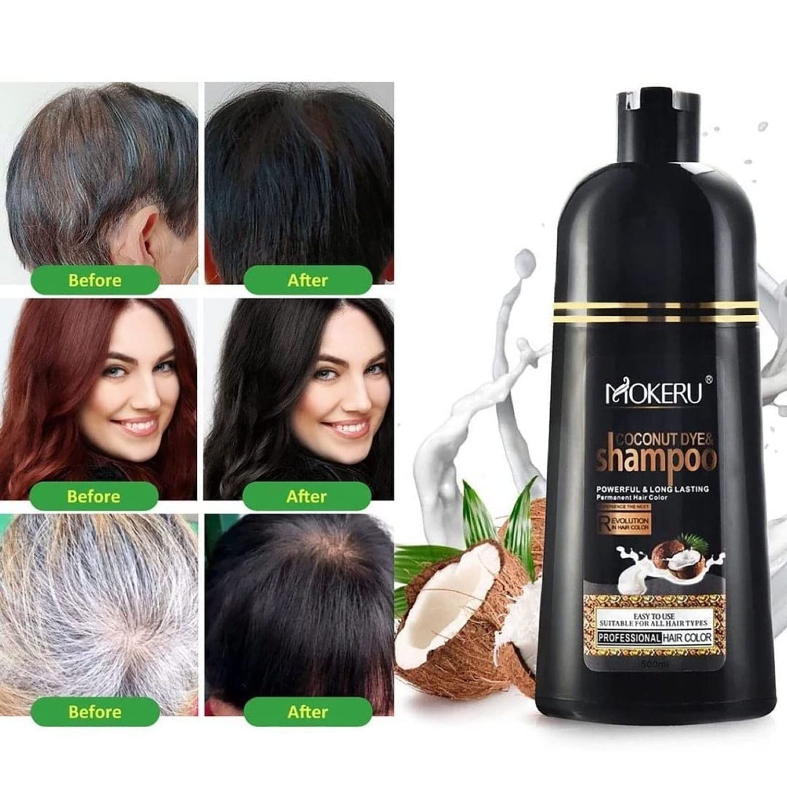 カラーリング・白髪染め MOKERU COCONUT DYE & SHAMPOO 500ml MOKERU Coconut Dye Shampoo for Grey Hair, 3 in 1 Shampoo for Men